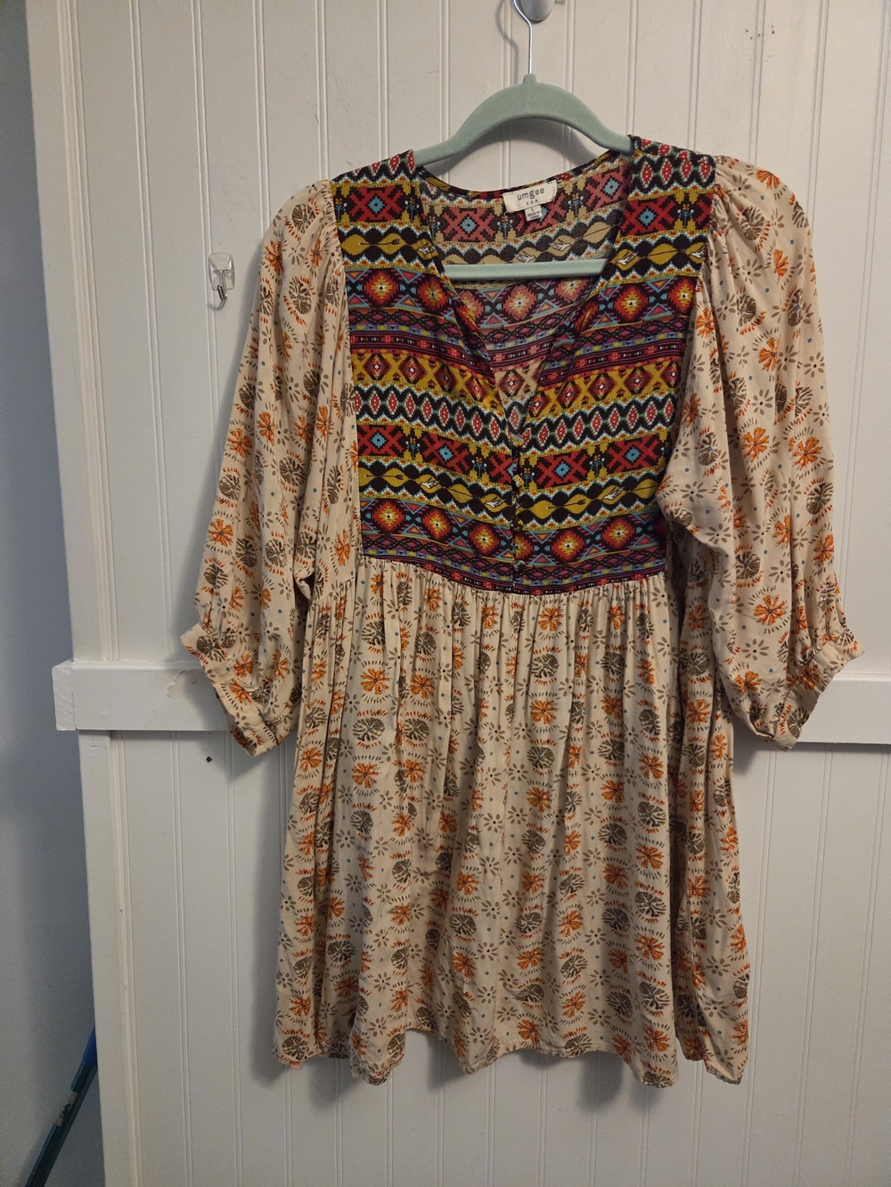 Umgee Boho Beige and Orange Peasant Mini Dress Size Large